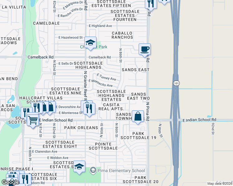 map of restaurants, bars, coffee shops, grocery stores, and more near 8608 East Heatherbrae Avenue in Scottsdale