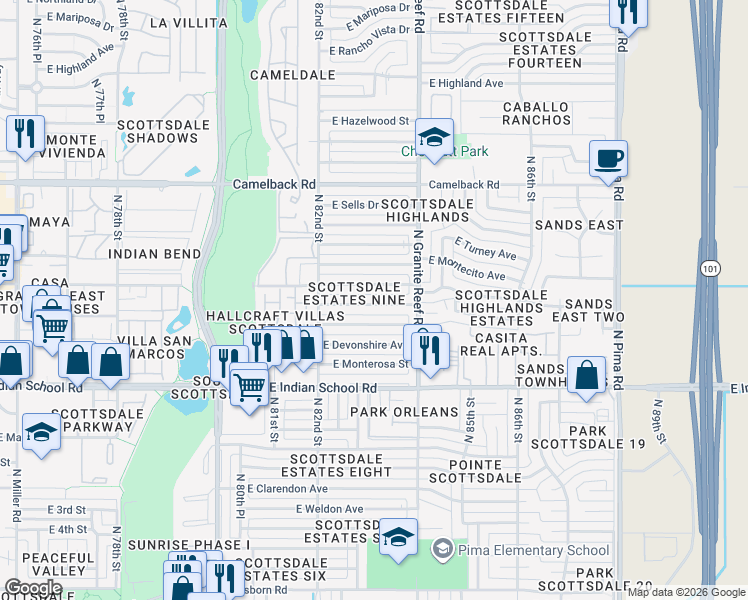 map of restaurants, bars, coffee shops, grocery stores, and more near 8320 East Heatherbrae Avenue in Scottsdale