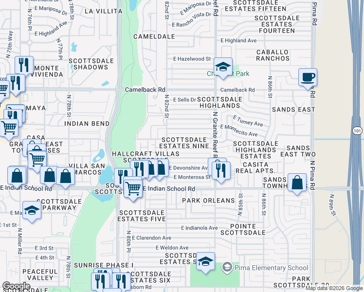 map of restaurants, bars, coffee shops, grocery stores, and more near 8240 East Heatherbrae Avenue in Scottsdale
