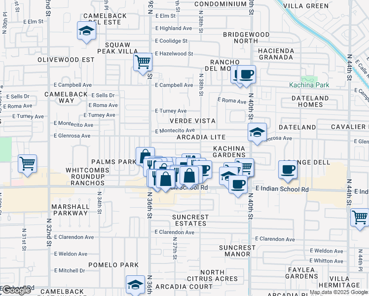 map of restaurants, bars, coffee shops, grocery stores, and more near 3735 East Glenrosa Avenue in Phoenix