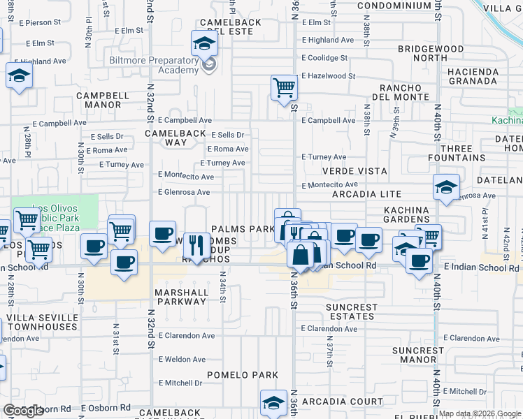 map of restaurants, bars, coffee shops, grocery stores, and more near 4225 North 35th Street in Phoenix