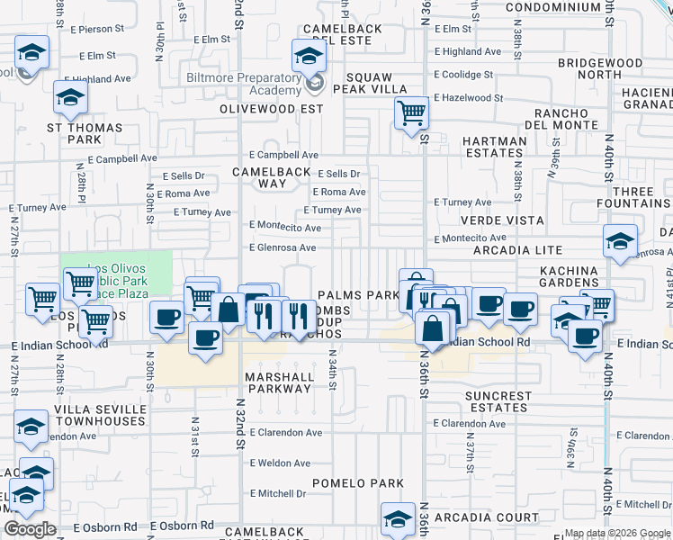 map of restaurants, bars, coffee shops, grocery stores, and more near 4230 North 34th Place in Phoenix