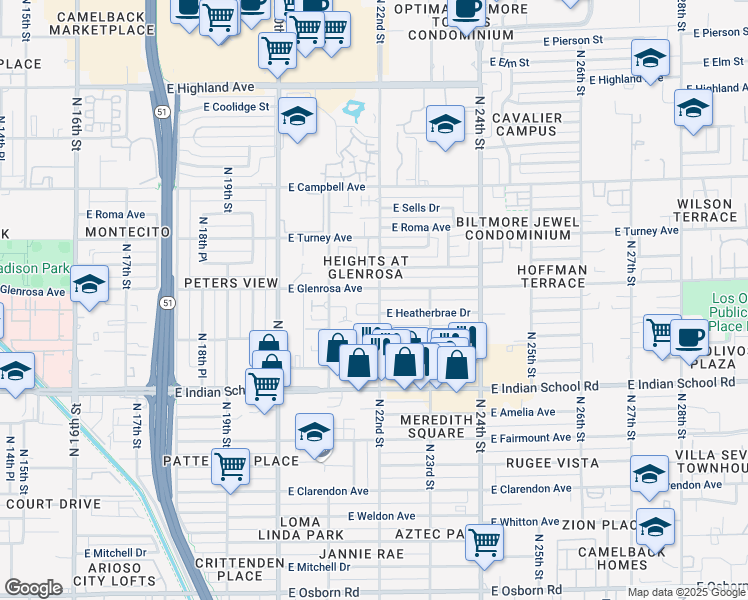 map of restaurants, bars, coffee shops, grocery stores, and more near 2147 East Glenrosa Avenue in Phoenix