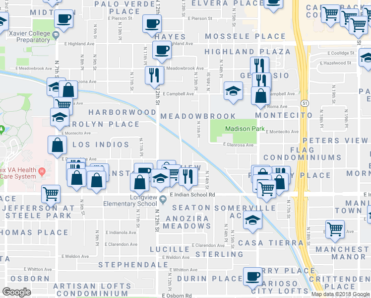 map of restaurants, bars, coffee shops, grocery stores, and more near 4252 North Longview Avenue in Phoenix
