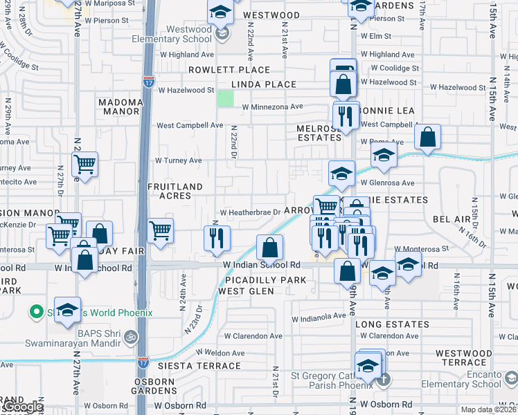 map of restaurants, bars, coffee shops, grocery stores, and more near 2134 West Heatherbrae Drive in Phoenix