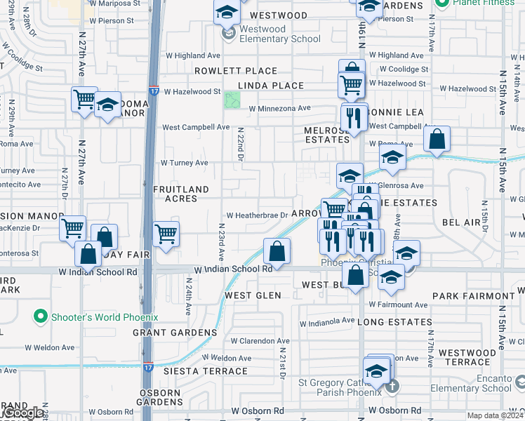 map of restaurants, bars, coffee shops, grocery stores, and more near 2134 West Heatherbrae Drive in Phoenix