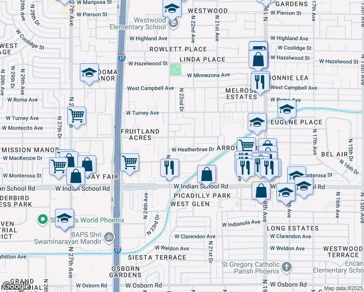 map of restaurants, bars, coffee shops, grocery stores, and more near 2214 West Heatherbrae Drive in Phoenix