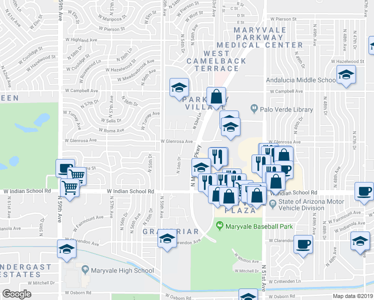 map of restaurants, bars, coffee shops, grocery stores, and more near 5453 West Glenrosa Avenue in Phoenix