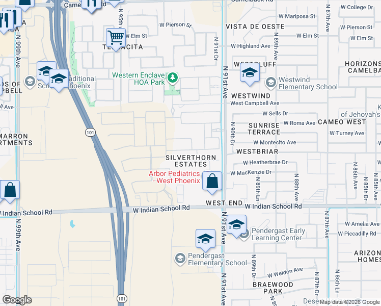 map of restaurants, bars, coffee shops, grocery stores, and more near 9233 West Glenrosa Avenue in Phoenix