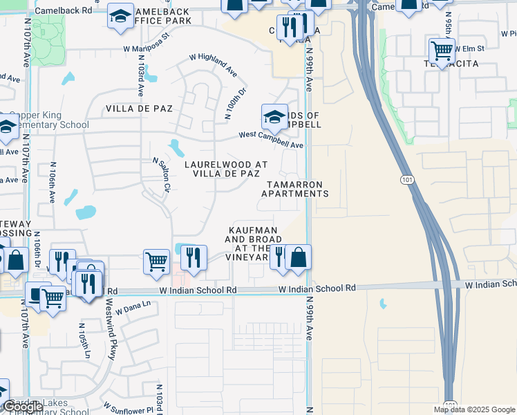 map of restaurants, bars, coffee shops, grocery stores, and more near 9946 West Mackenzie Drive in Phoenix