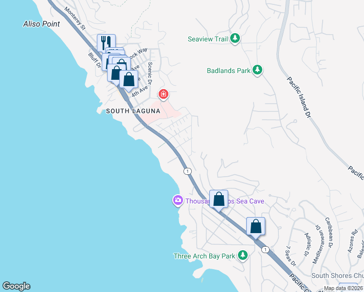 map of restaurants, bars, coffee shops, grocery stores, and more near 31985 Virginia Way in Laguna Beach