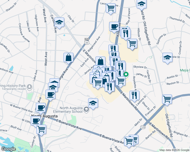 map of restaurants, bars, coffee shops, grocery stores, and more near 936 Bama Street in North Augusta
