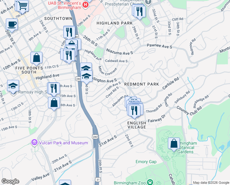 map of restaurants, bars, coffee shops, grocery stores, and more near 2619 Crest Road South in Birmingham