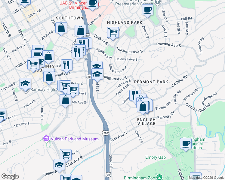 map of restaurants, bars, coffee shops, grocery stores, and more near 2524 Crest Road South in Birmingham