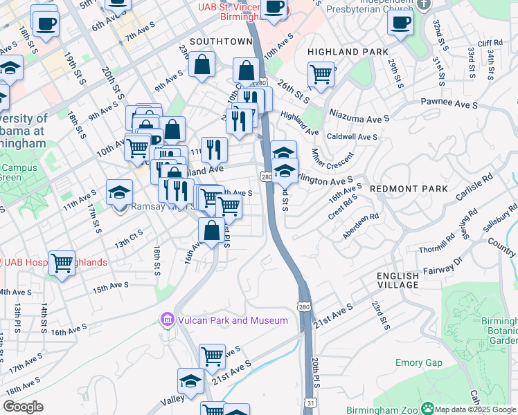 map of restaurants, bars, coffee shops, grocery stores, and more near 1412 21st Way South in Birmingham