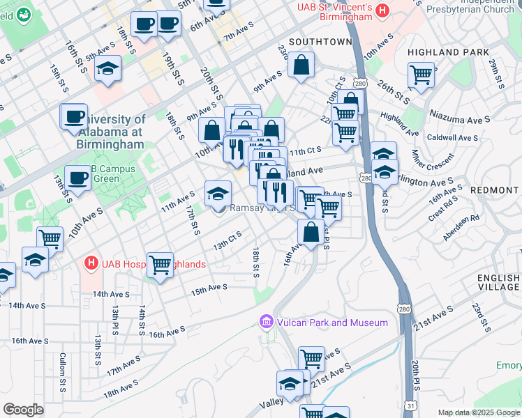 map of restaurants, bars, coffee shops, grocery stores, and more near 1301 19th Street South in Birmingham
