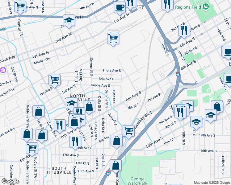map of restaurants, bars, coffee shops, grocery stores, and more near 313 Beta Street South in Birmingham