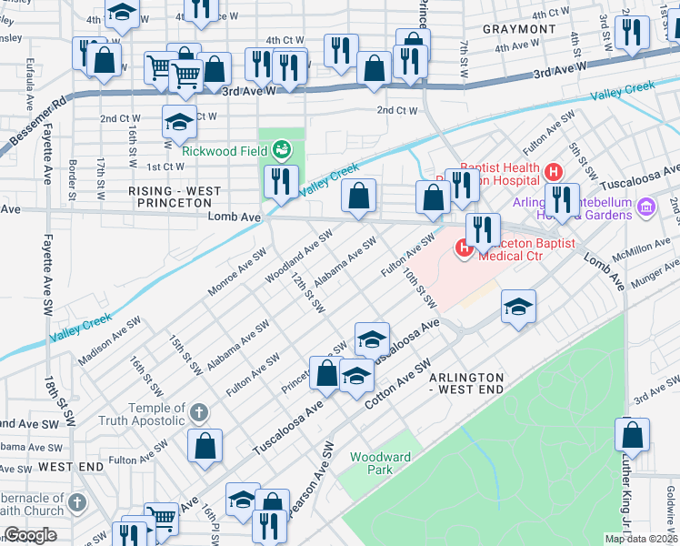 map of restaurants, bars, coffee shops, grocery stores, and more near 404 11th Street Southwest in Birmingham