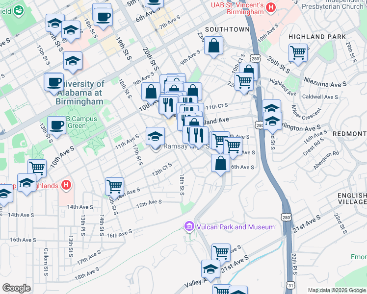map of restaurants, bars, coffee shops, grocery stores, and more near 1301 19th Street South in Birmingham