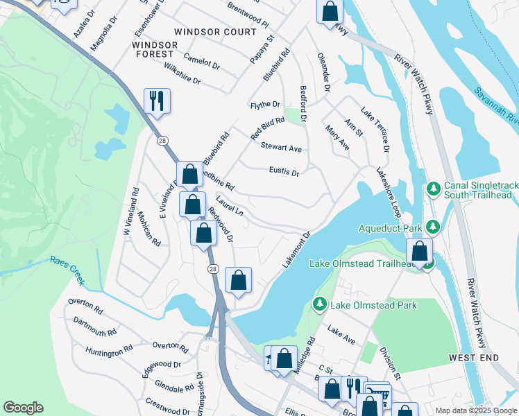 map of restaurants, bars, coffee shops, grocery stores, and more near 2319 Laurel Lane in Augusta