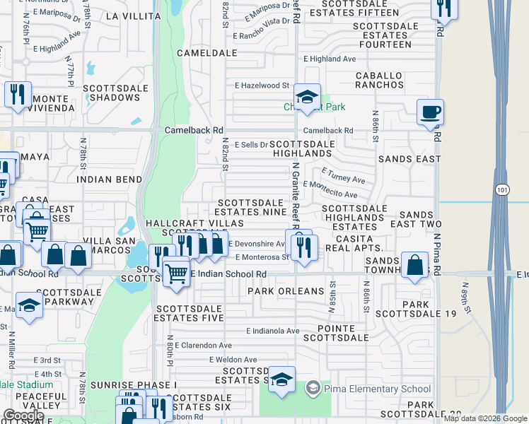 map of restaurants, bars, coffee shops, grocery stores, and more near 8320 East Heatherbrae Avenue in Scottsdale