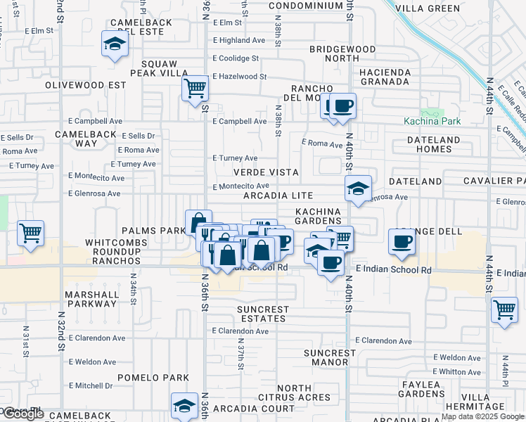 map of restaurants, bars, coffee shops, grocery stores, and more near 3735 East Glenrosa Avenue in Phoenix