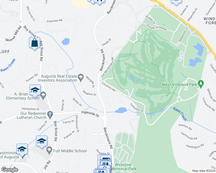 map of restaurants, bars, coffee shops, grocery stores, and more near 2642 Coventry Road in Augusta