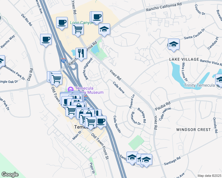 map of restaurants, bars, coffee shops, grocery stores, and more near 28216 Tierra Vista Road in Temecula