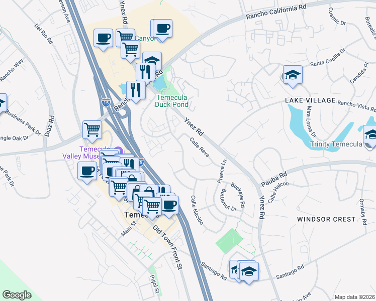 map of restaurants, bars, coffee shops, grocery stores, and more near 28216 Tierra Vista Road in Temecula