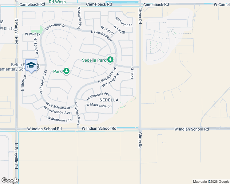 map of restaurants, bars, coffee shops, grocery stores, and more near 18053 West Montecito Avenue in Goodyear