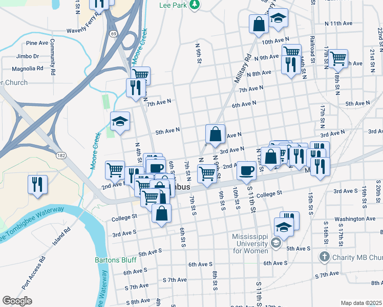 map of restaurants, bars, coffee shops, grocery stores, and more near 314 7th Street North in Columbus