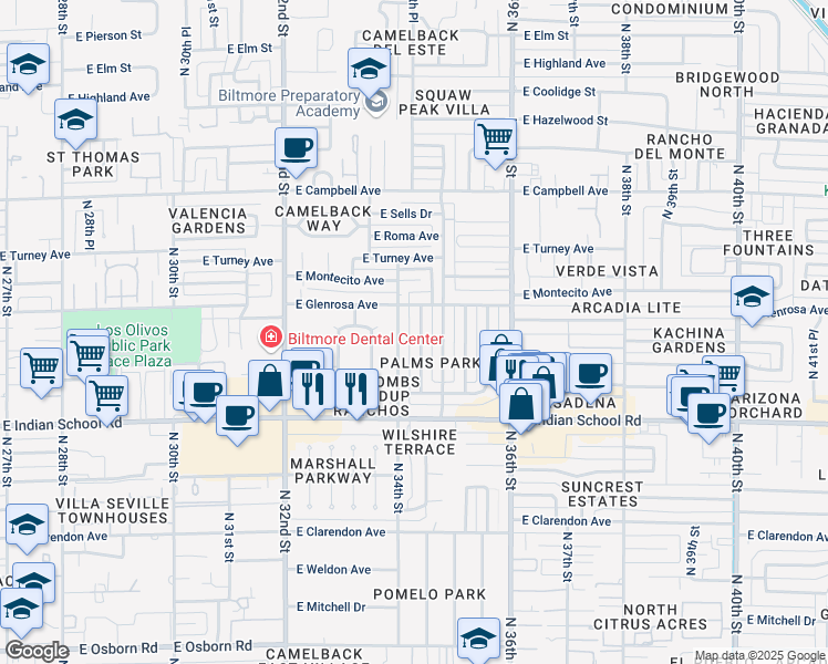 map of restaurants, bars, coffee shops, grocery stores, and more near 4230 North 34th Place in Phoenix