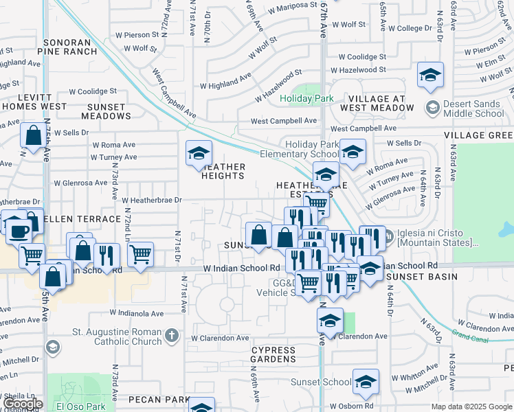 map of restaurants, bars, coffee shops, grocery stores, and more near 4258 North 68th Lane in Phoenix