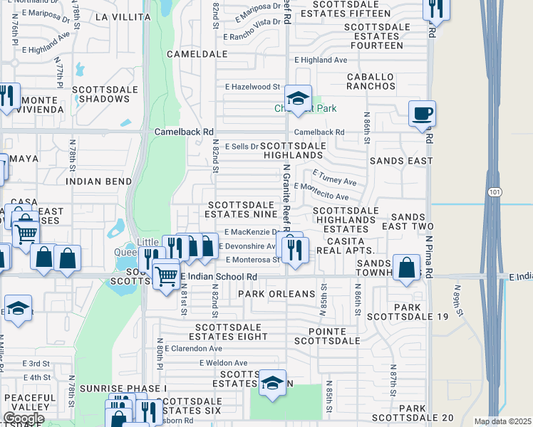 map of restaurants, bars, coffee shops, grocery stores, and more near 8320 East Heatherbrae Avenue in Scottsdale