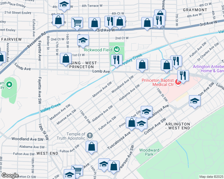map of restaurants, bars, coffee shops, grocery stores, and more near 1216 Woodland Avenue Southwest in Birmingham
