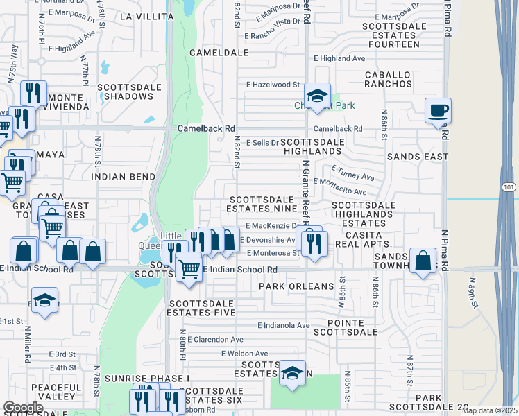 map of restaurants, bars, coffee shops, grocery stores, and more near 8240 East Heatherbrae Avenue in Scottsdale