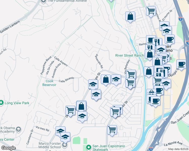 map of restaurants, bars, coffee shops, grocery stores, and more near 32015 Del Obispo Street in San Juan Capistrano