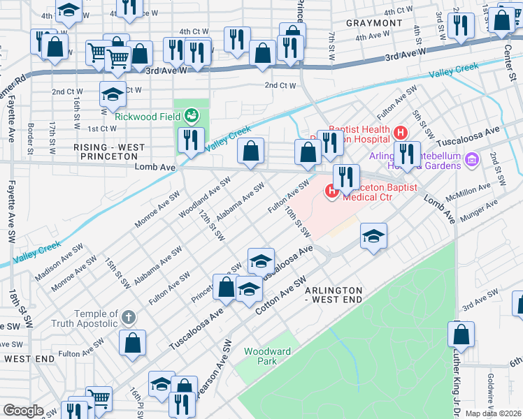 map of restaurants, bars, coffee shops, grocery stores, and more near 1028 Fulton Avenue Southwest in Birmingham