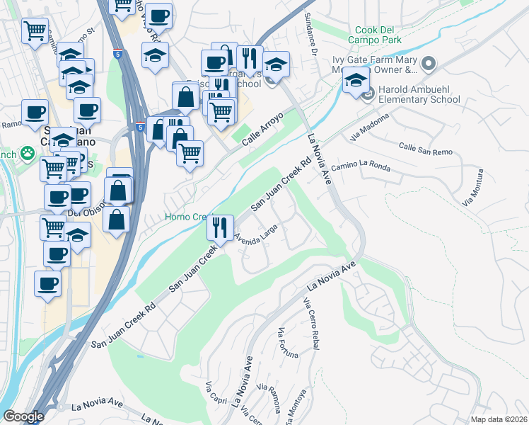 map of restaurants, bars, coffee shops, grocery stores, and more near 32018 Via Canela in San Juan Capistrano