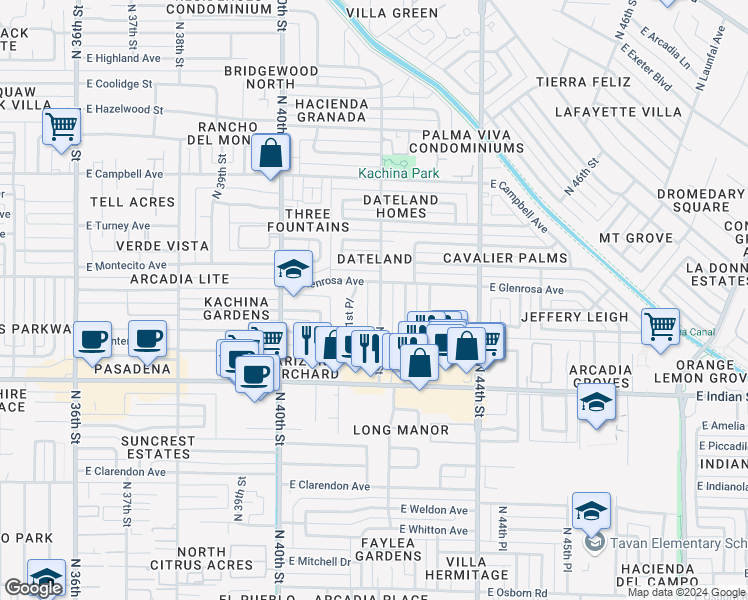 map of restaurants, bars, coffee shops, grocery stores, and more near 4228 North 42nd Street in Phoenix
