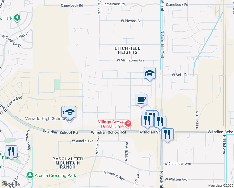 map of restaurants, bars, coffee shops, grocery stores, and more near 19767 West Montecito Avenue in Buckeye