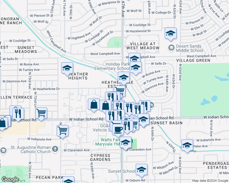 map of restaurants, bars, coffee shops, grocery stores, and more near 4255 North 67th Lane in Phoenix