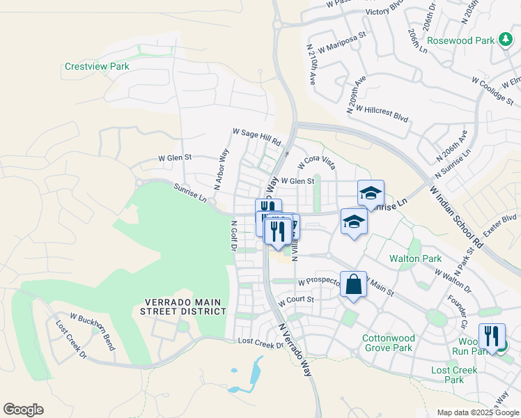 map of restaurants, bars, coffee shops, grocery stores, and more near 21104 West Sunrise Lane in Buckeye
