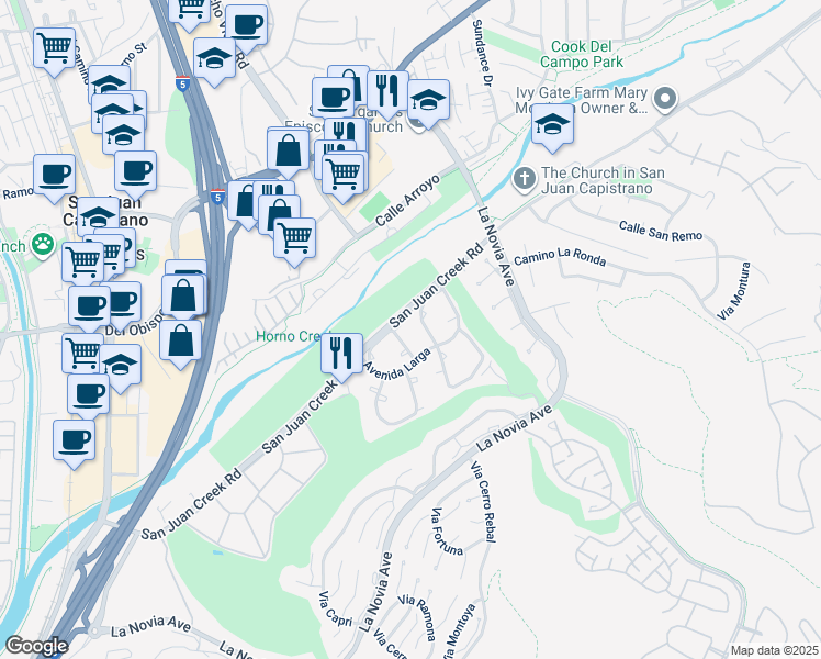 map of restaurants, bars, coffee shops, grocery stores, and more near 32018 Via Canela in San Juan Capistrano