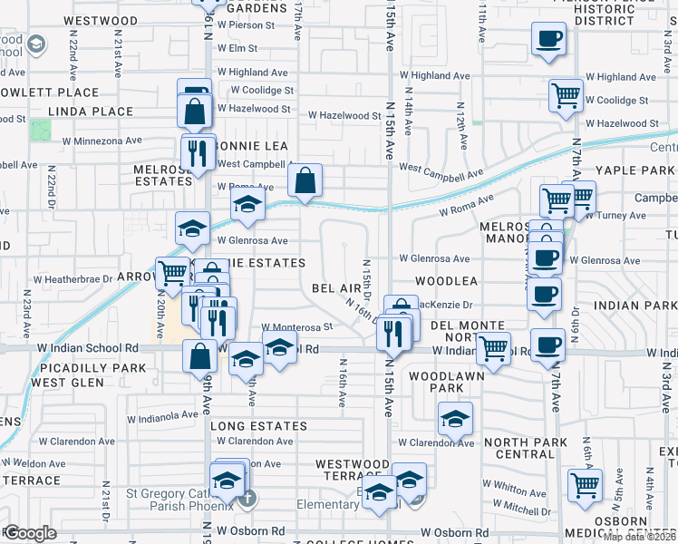 map of restaurants, bars, coffee shops, grocery stores, and more near 4230 North 16th Avenue in Phoenix