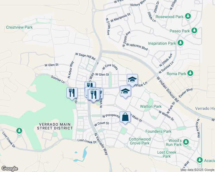 map of restaurants, bars, coffee shops, grocery stores, and more near 20964 West Sunrise Lane in Buckeye