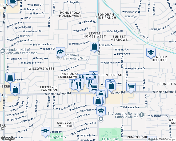 map of restaurants, bars, coffee shops, grocery stores, and more near 7533 West Heatherbrae Drive in Phoenix