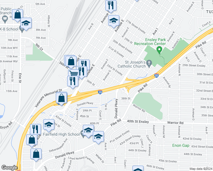 map of restaurants, bars, coffee shops, grocery stores, and more near 35th St S in Birmingham