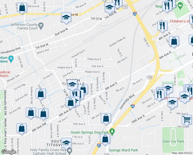 map of restaurants, bars, coffee shops, grocery stores, and more near 320 Gamma Street South in Birmingham