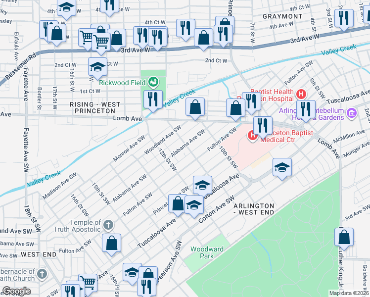 map of restaurants, bars, coffee shops, grocery stores, and more near 404 11th Street Southwest in Birmingham
